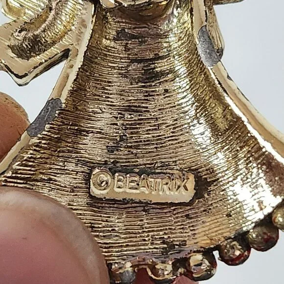 Vintage Rare Beatrix Angel Brooch Pin Gold Tone Crystals Fashion Jewelry Marked - Picture 5 of 6